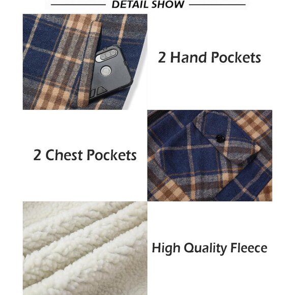 Men's Blue Orange Fleece Sherpa Lined Plaid Jackets Full Zip Up Hoodie Outwear - Picture 4 of 6